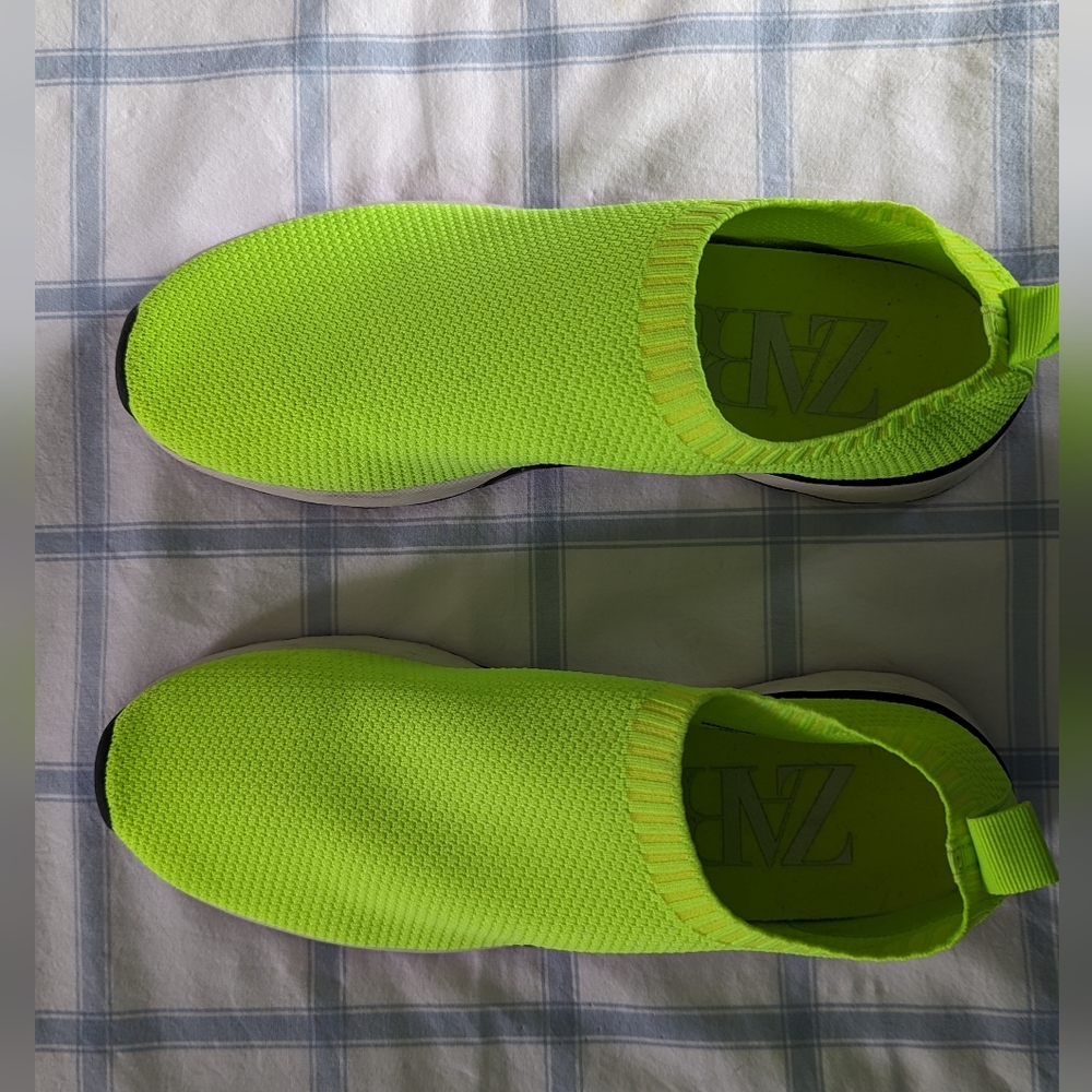 Zara fabric slipon sock shoes  in florescent yellow green with 1 inch wedge.